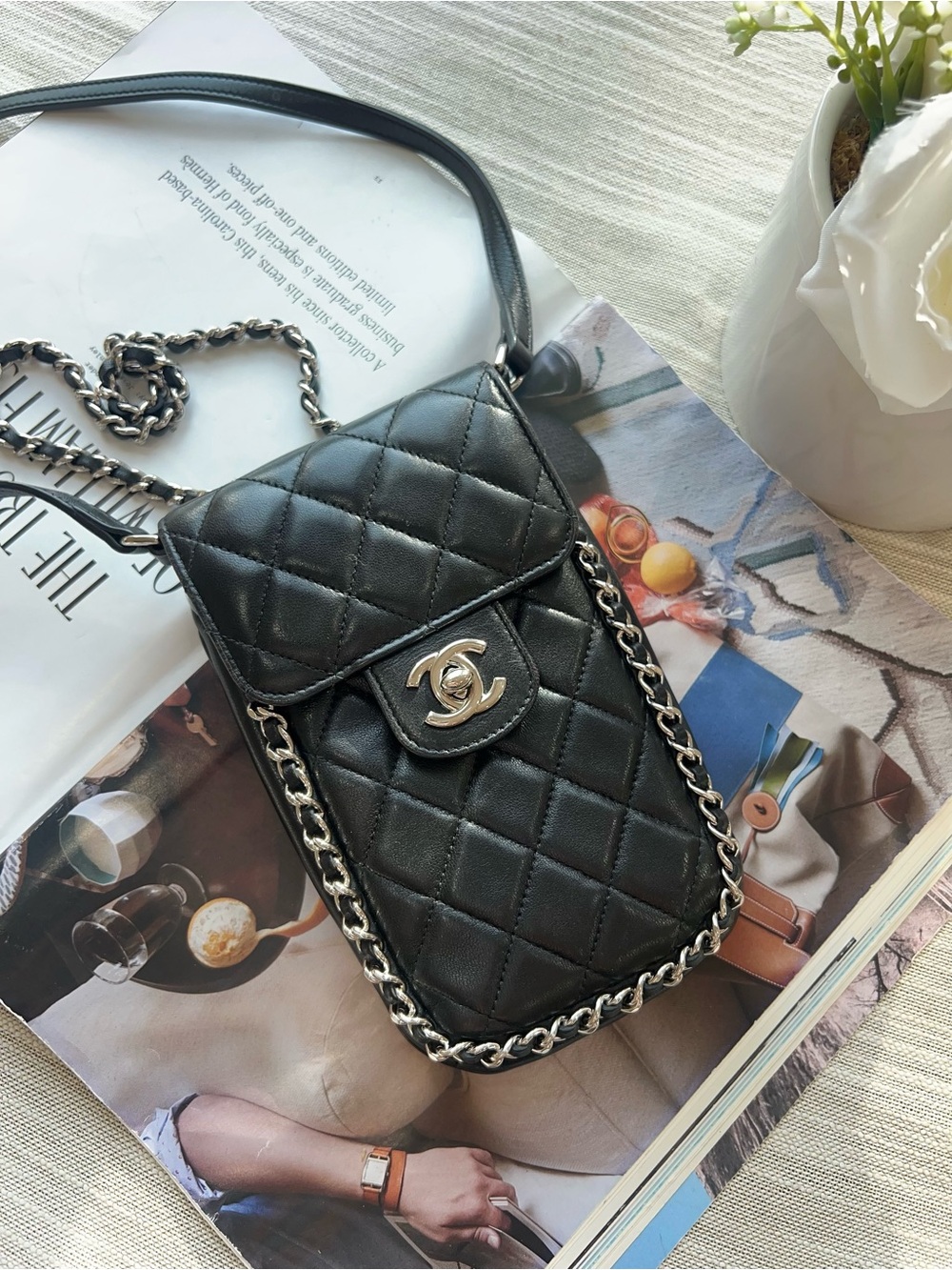 CHANEL PHONE HOLDER WITH CHAIN LAMBSKIN BLACK LGHW